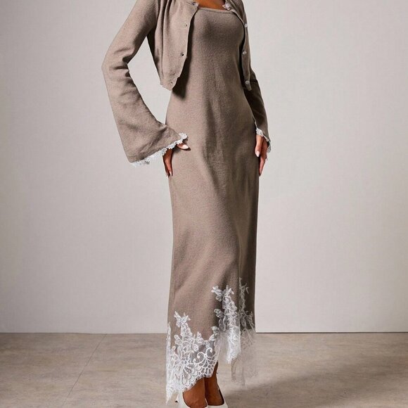 Elegant Women's Sleeveless Lace Trim Dress with Cardigan Set - Picture 8 of 14